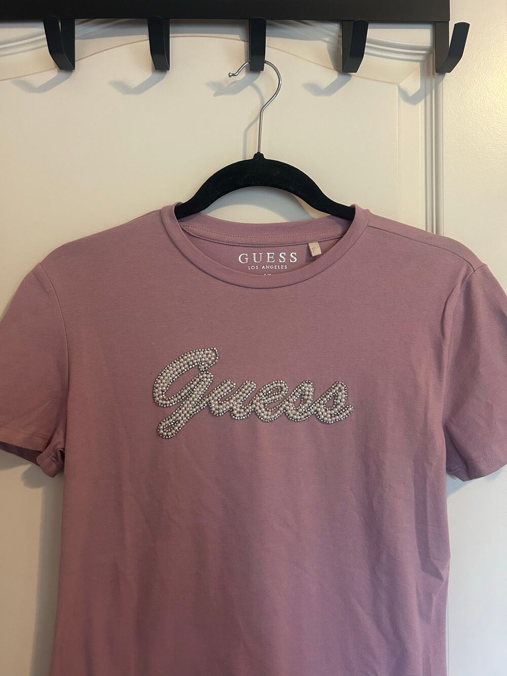 GUESS Pink Beaded Logo T Shirt Y2K Rhinestone Graphic Tee